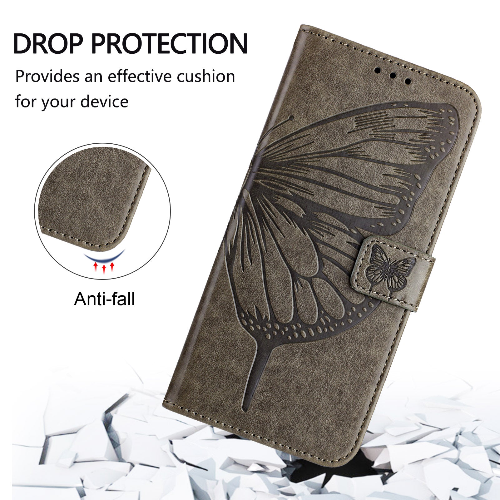 For Xiaomi Poco M8 Pro 5G / Redmi Note 15 Pro+ 5G (Global) Wallet Case with Wrist Strap Butterfly Imprint Leather Phone Cover - Grey