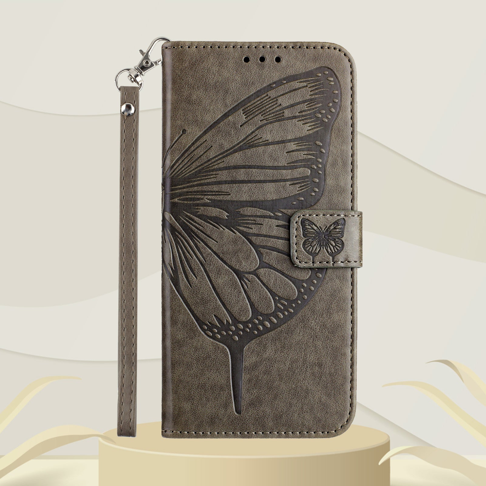 For Xiaomi Poco M8 Pro 5G / Redmi Note 15 Pro+ 5G (Global) Wallet Case with Wrist Strap Butterfly Imprint Leather Phone Cover - Grey