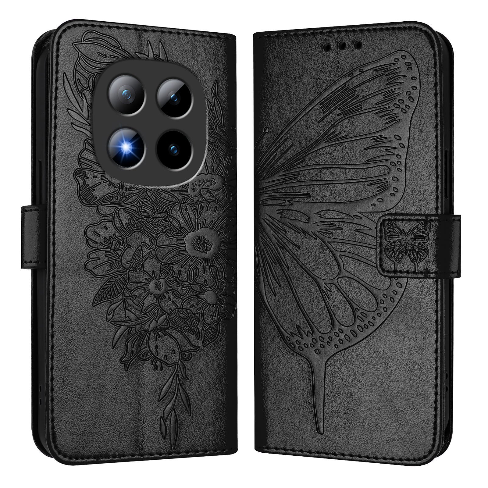 For Xiaomi Poco M8 Pro 5G / Redmi Note 15 Pro+ 5G (Global) Wallet Case with Wrist Strap Butterfly Imprint Leather Phone Cover - Black