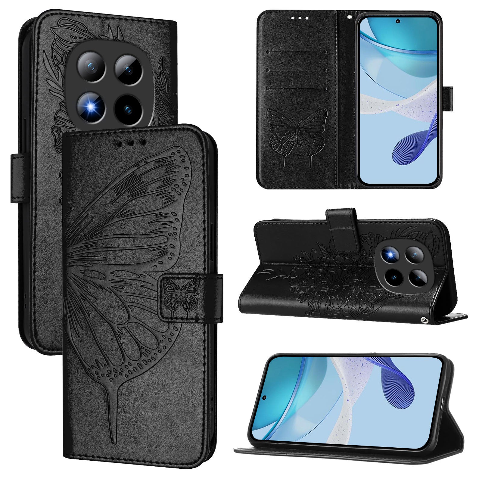 For Xiaomi Poco M8 Pro 5G / Redmi Note 15 Pro+ 5G (Global) Wallet Case with Wrist Strap Butterfly Imprint Leather Phone Cover - Black