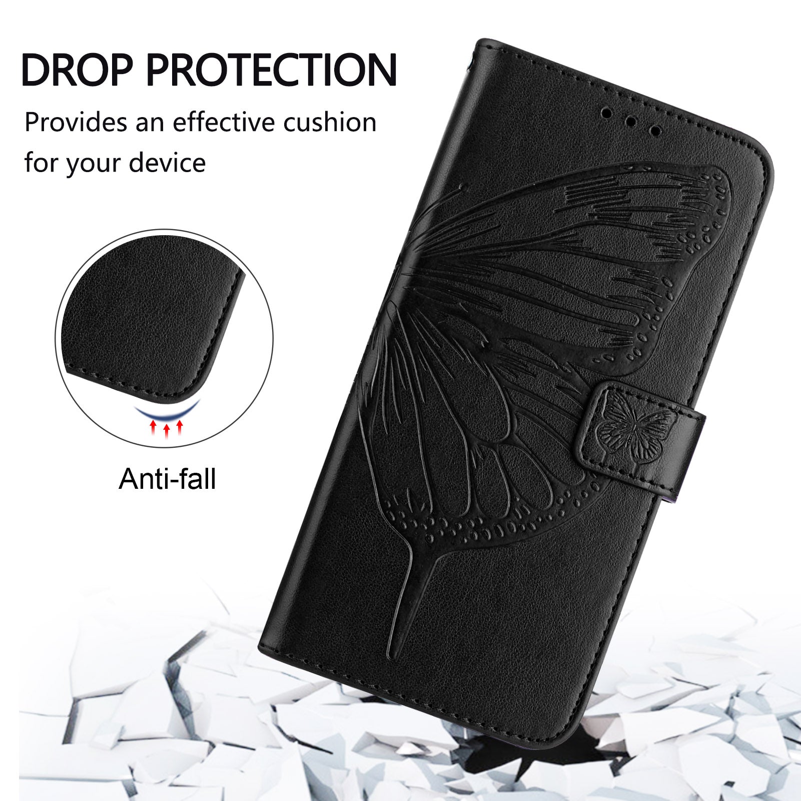 For Xiaomi Poco M8 Pro 5G / Redmi Note 15 Pro+ 5G (Global) Wallet Case with Wrist Strap Butterfly Imprint Leather Phone Cover - Black
