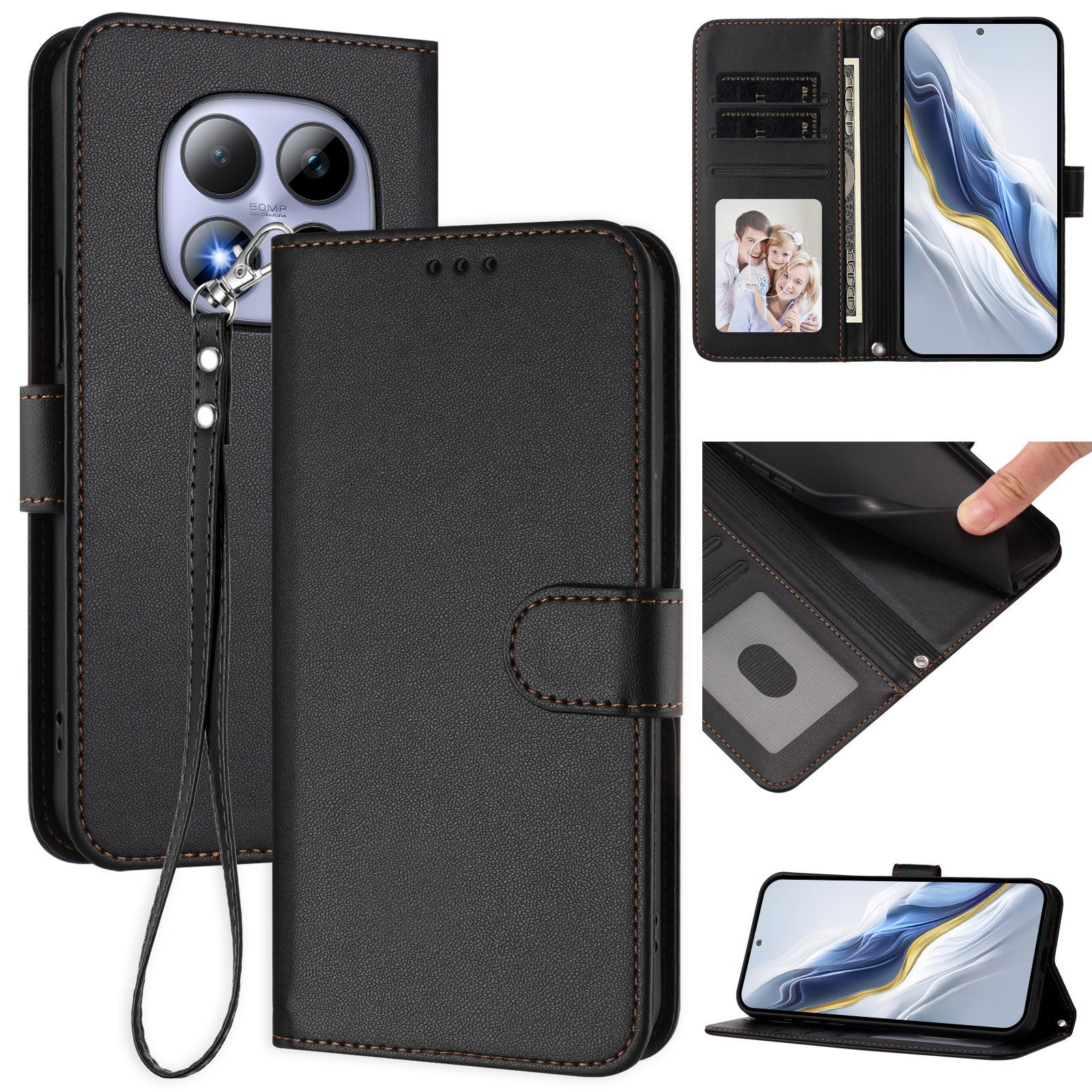 For Xiaomi Redmi Note 15 Pro 4G (Global) Leather Case Wallet Stand Phone Cover with Wrist Strap - Black