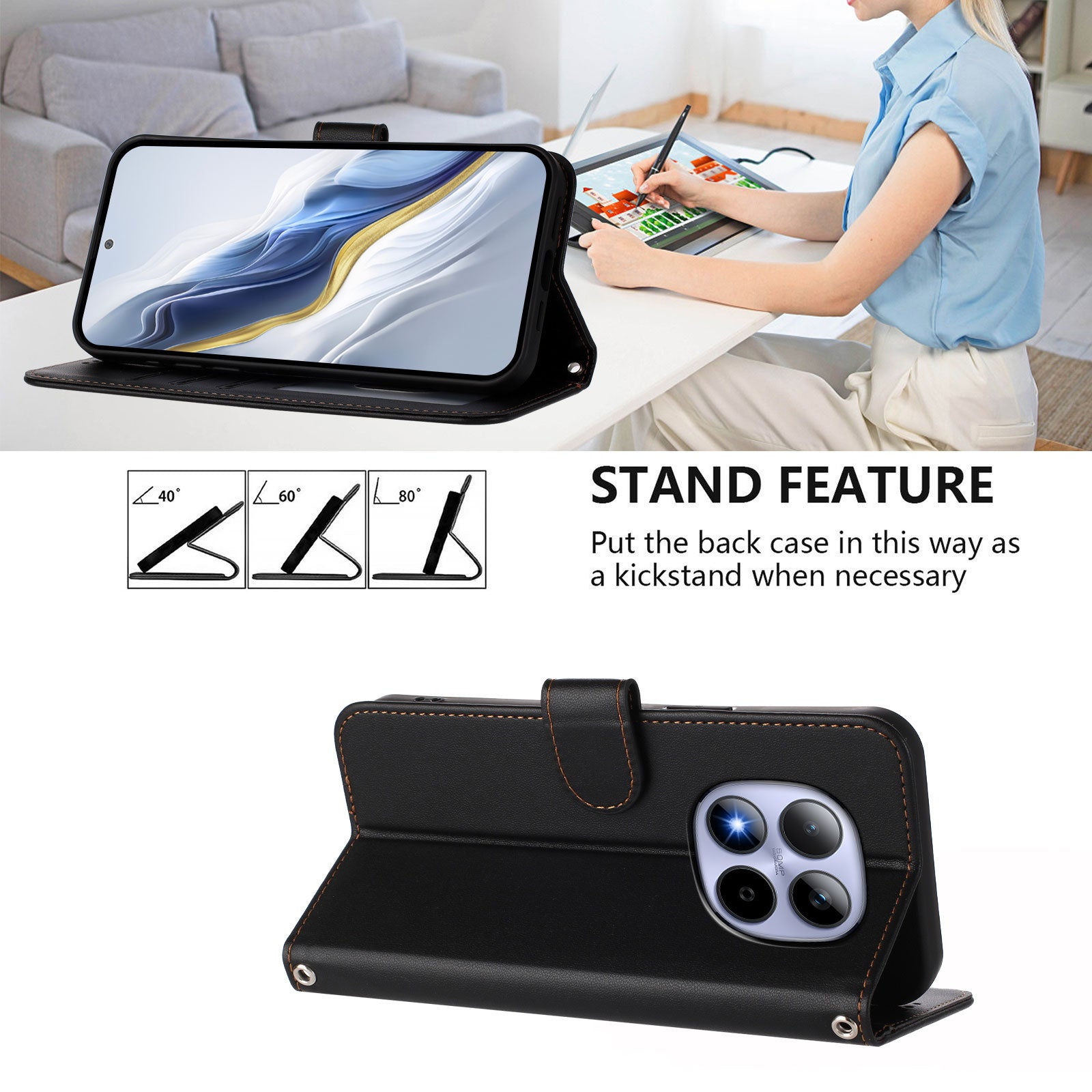 For Xiaomi Redmi Note 15 Pro 4G (Global) Leather Case Wallet Stand Phone Cover with Wrist Strap - Black