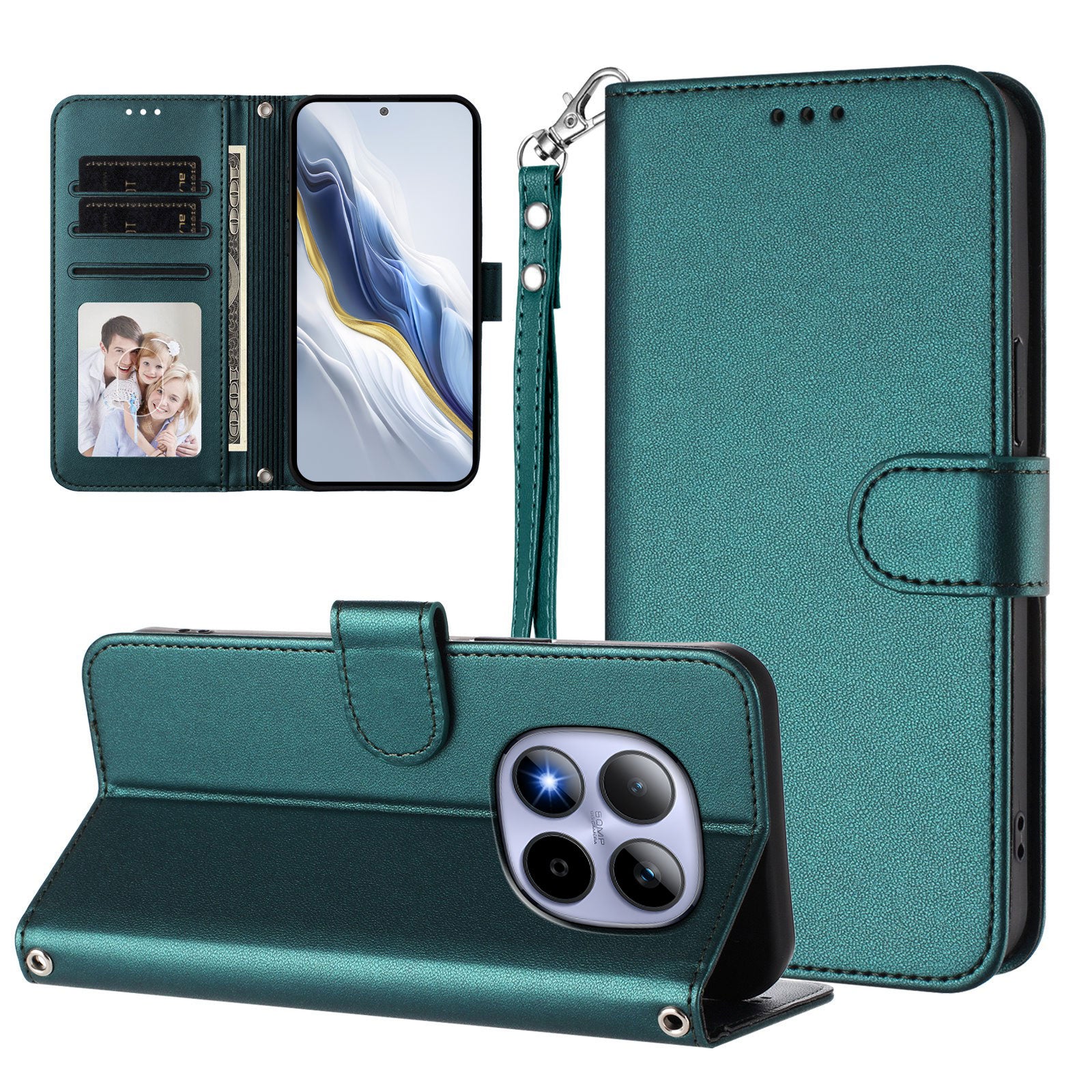 For Xiaomi Redmi Note 15 Pro 4G (Global) Leather Case Wallet Stand Phone Cover with Wrist Strap - Green