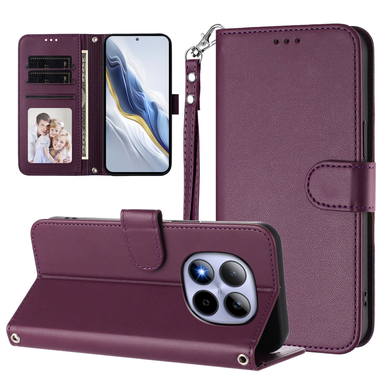 For Xiaomi Redmi Note 15 Pro 4G (Global) Leather Case Wallet Stand Phone Cover with Wrist Strap - Purple