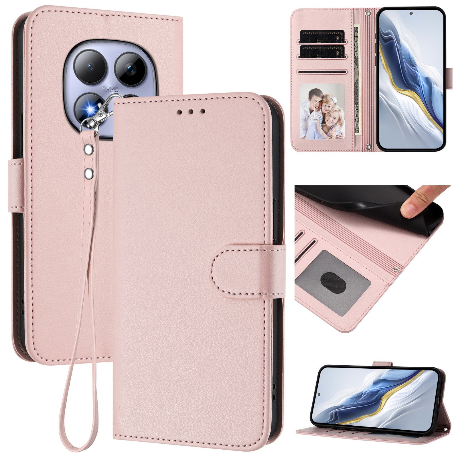 For Xiaomi Redmi Note 15 Pro 4G (Global) Leather Case Wallet Stand Phone Cover with Wrist Strap - Pink