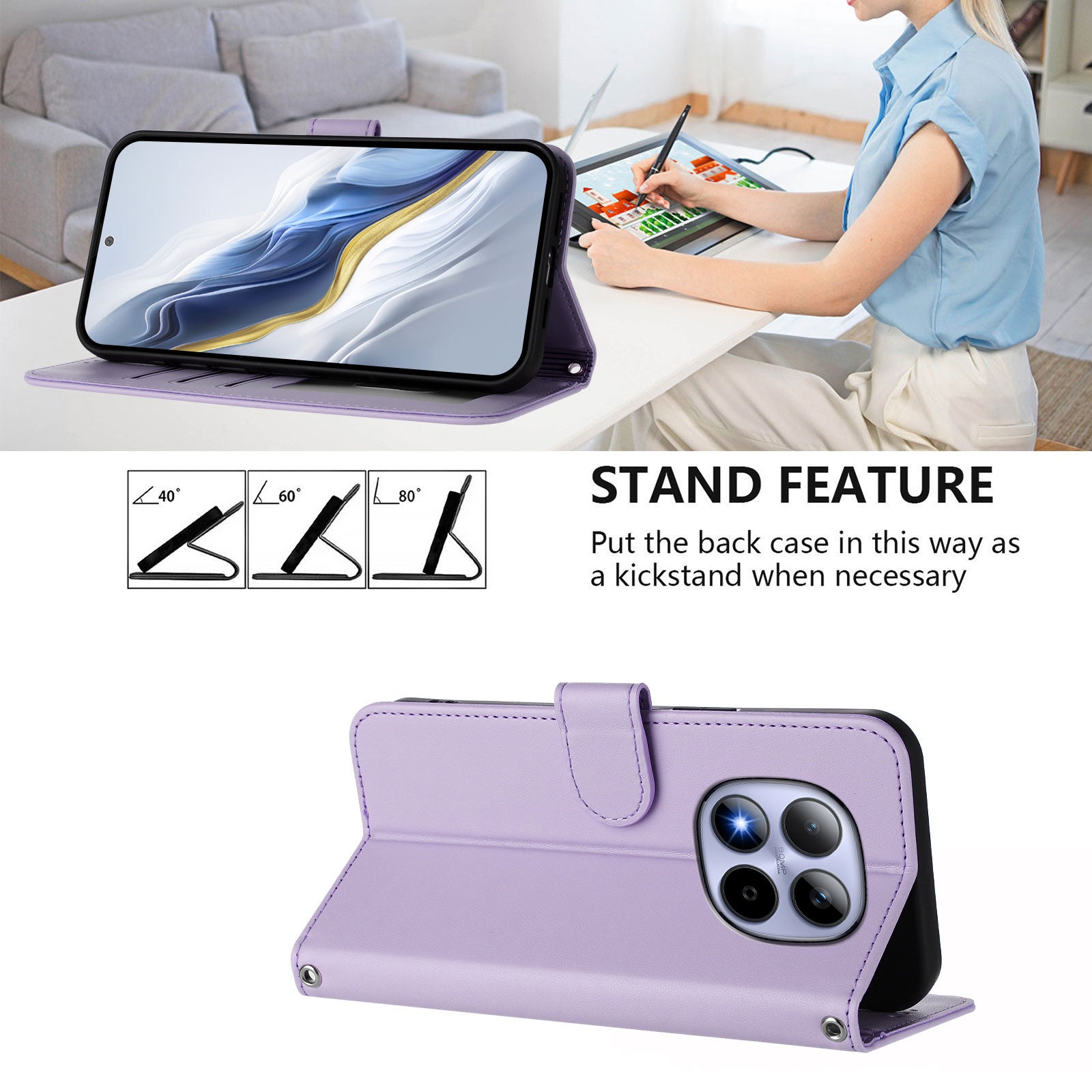 For Xiaomi Redmi Note 15 Pro 4G (Global) Leather Case Wallet Stand Phone Cover with Wrist Strap - Light Purple
