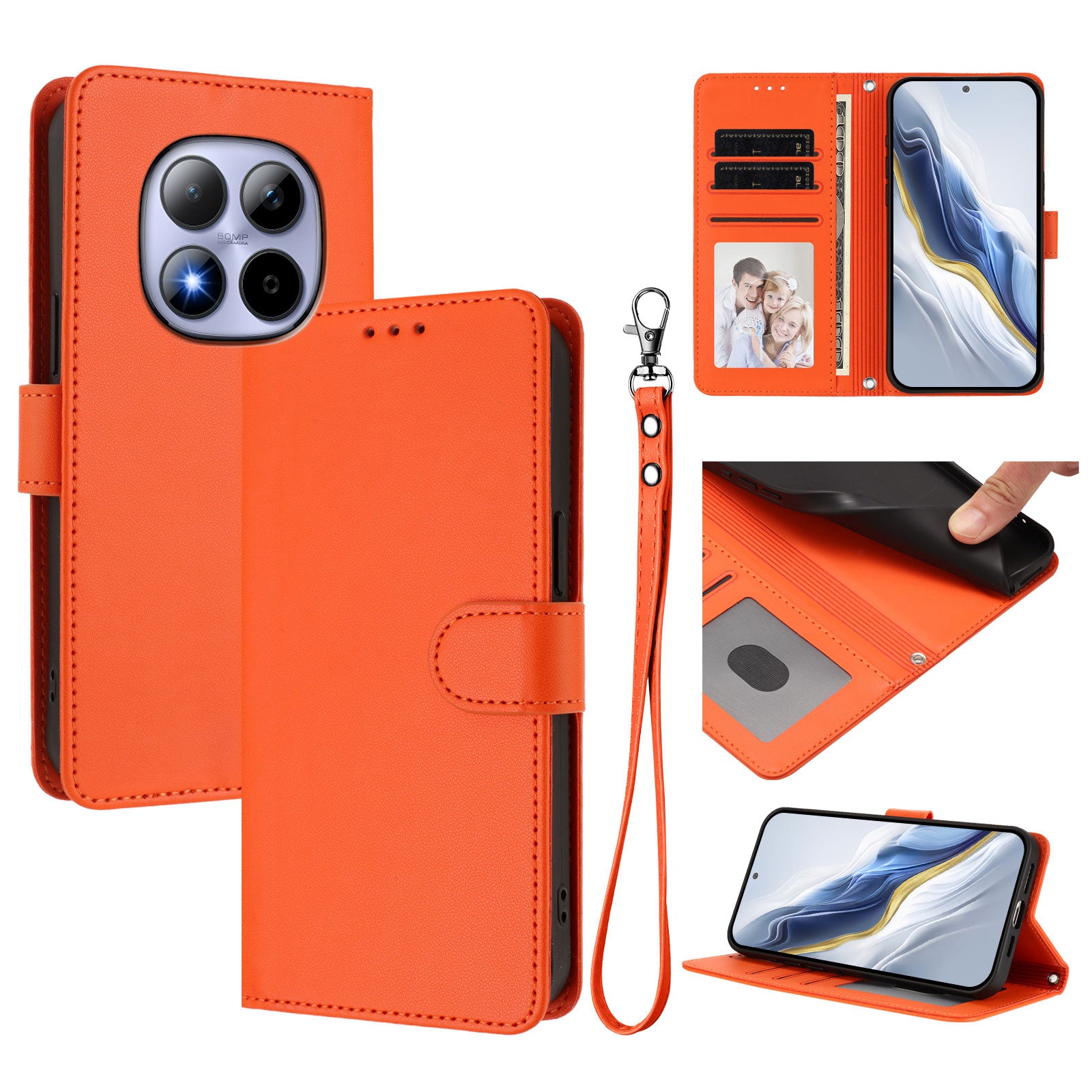 For Xiaomi Redmi Note 15 Pro 4G (Global) Leather Case Wallet Stand Phone Cover with Wrist Strap - Orange