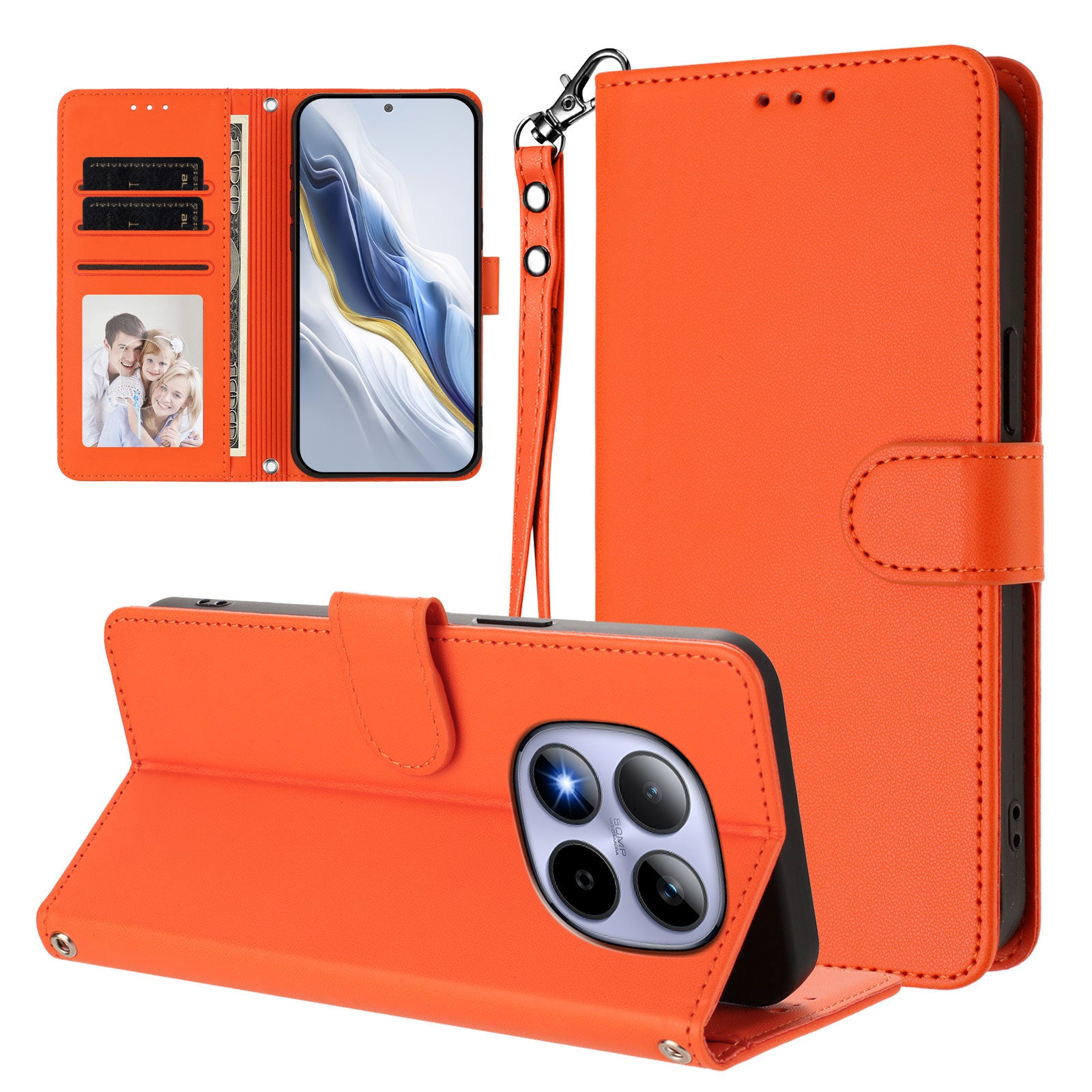 For Xiaomi Redmi Note 15 Pro 4G (Global) Leather Case Wallet Stand Phone Cover with Wrist Strap - Orange