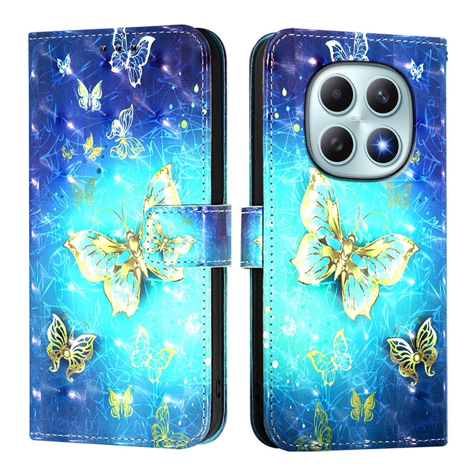 For Xiaomi Poco M8 5G / Redmi Note 15 5G (Global) / 15 4G (Global) Leather Case Pattern Printing Wallet Stand Mobile Cover with Strap - Golden Butterflies