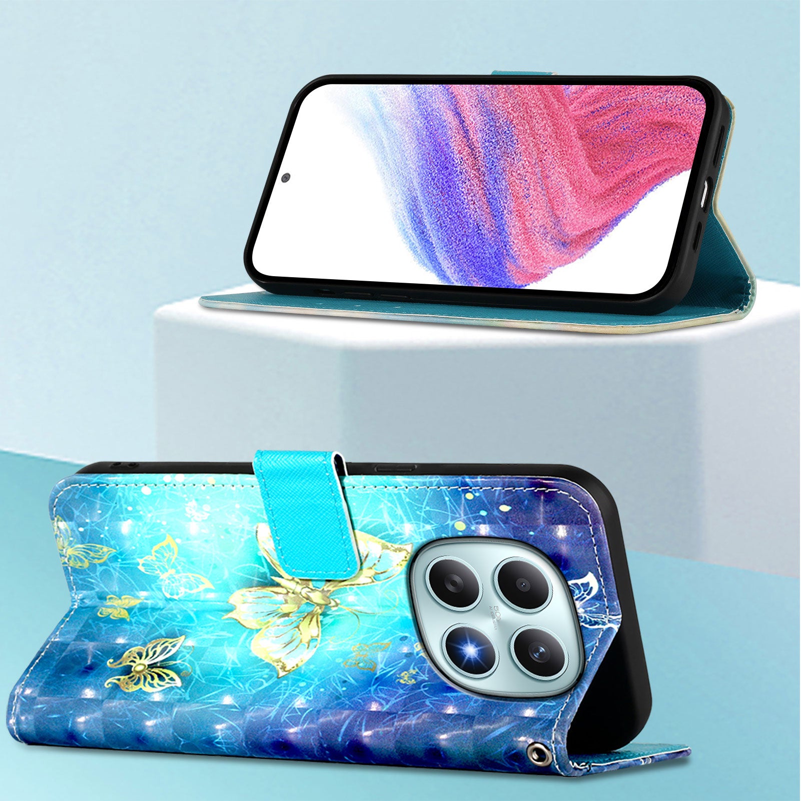 For Xiaomi Poco M8 5G / Redmi Note 15 5G (Global) / 15 4G (Global) Leather Case Pattern Printing Wallet Stand Mobile Cover with Strap - Golden Butterflies