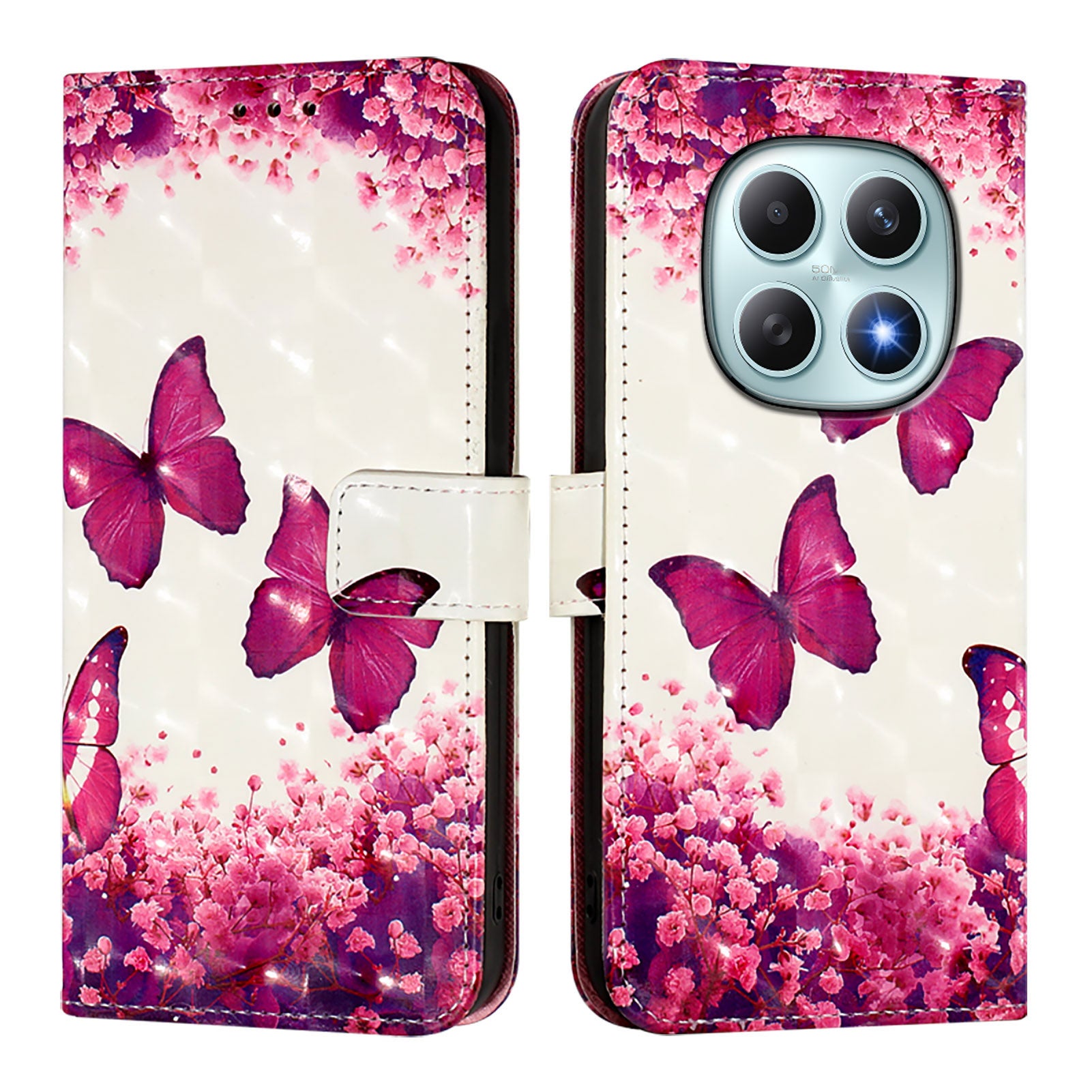 For Xiaomi Poco M8 5G / Redmi Note 15 5G (Global) / 15 4G (Global) Leather Case Pattern Printing Wallet Stand Mobile Cover with Strap - Rose Butterflies