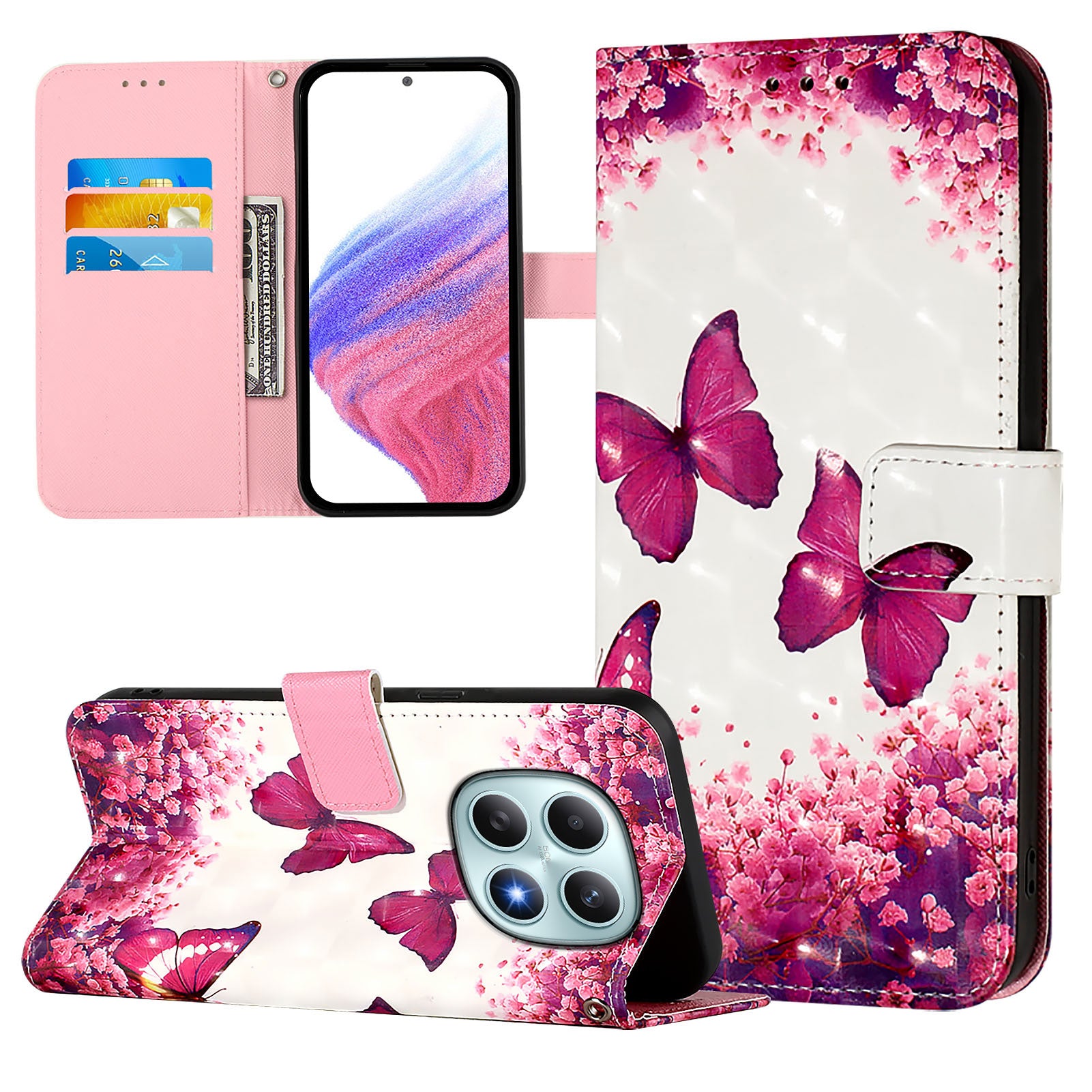 For Xiaomi Poco M8 5G / Redmi Note 15 5G (Global) / 15 4G (Global) Leather Case Pattern Printing Wallet Stand Mobile Cover with Strap - Rose Butterflies