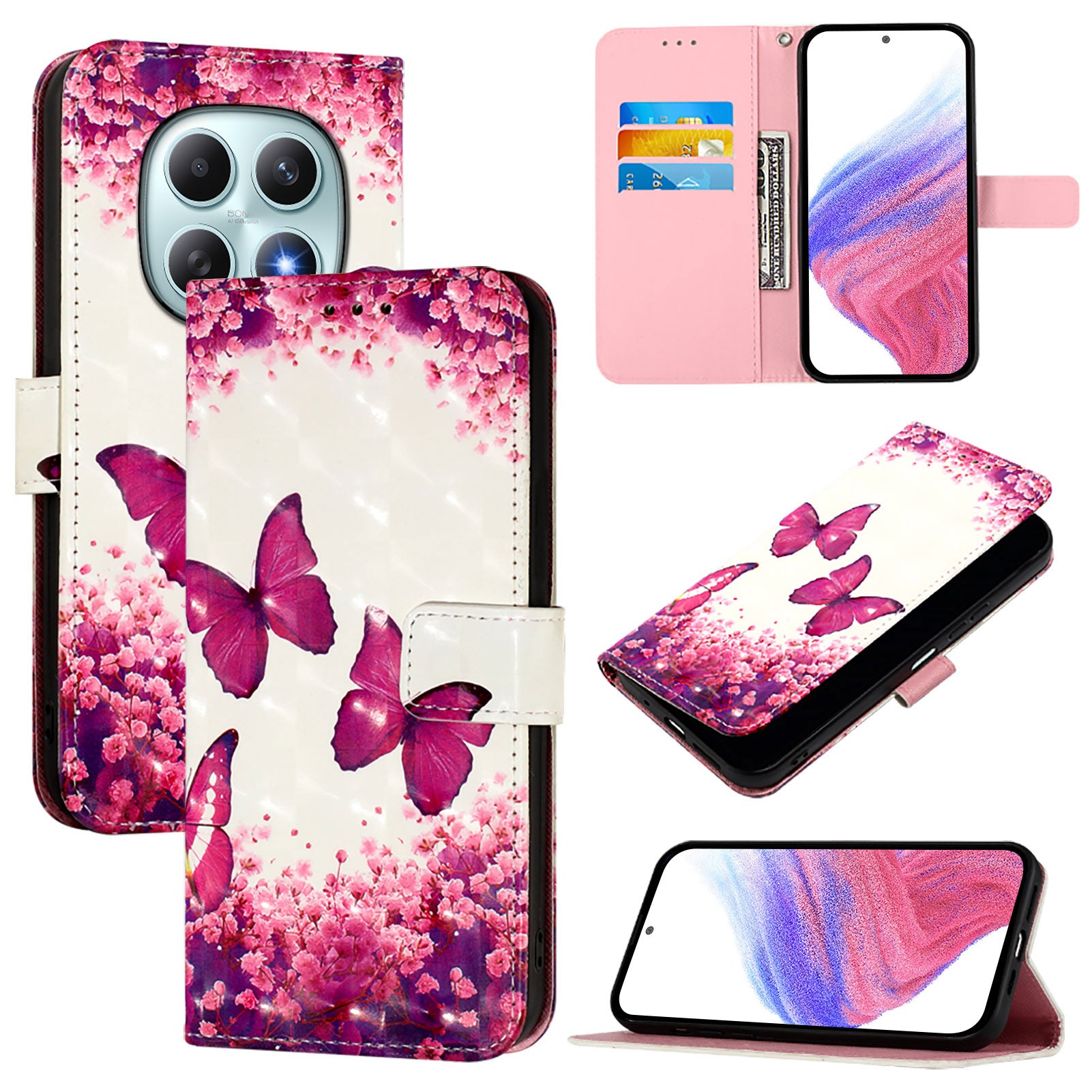 For Xiaomi Poco M8 5G / Redmi Note 15 5G (Global) / 15 4G (Global) Leather Case Pattern Printing Wallet Stand Mobile Cover with Strap - Rose Butterflies