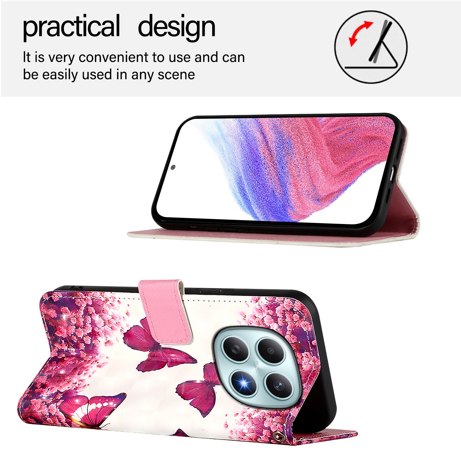For Xiaomi Poco M8 5G / Redmi Note 15 5G (Global) / 15 4G (Global) Leather Case Pattern Printing Wallet Stand Mobile Cover with Strap - Rose Butterflies