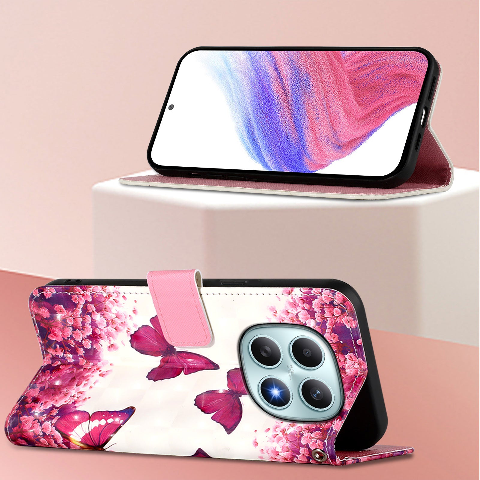 For Xiaomi Poco M8 5G / Redmi Note 15 5G (Global) / 15 4G (Global) Leather Case Pattern Printing Wallet Stand Mobile Cover with Strap - Rose Butterflies