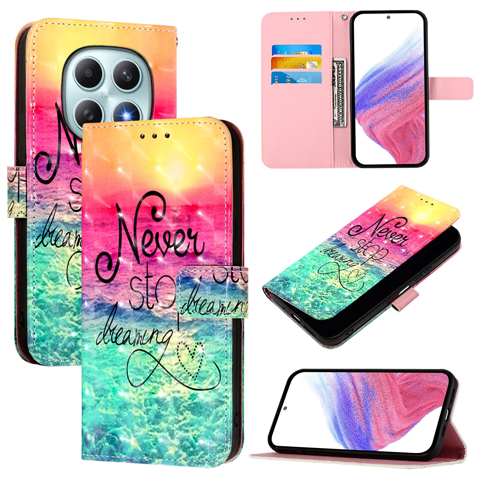 For Xiaomi Poco M8 5G / Redmi Note 15 5G (Global) / 15 4G (Global) Leather Case Pattern Printing Wallet Stand Mobile Cover with Strap - Never Stop Dreaming