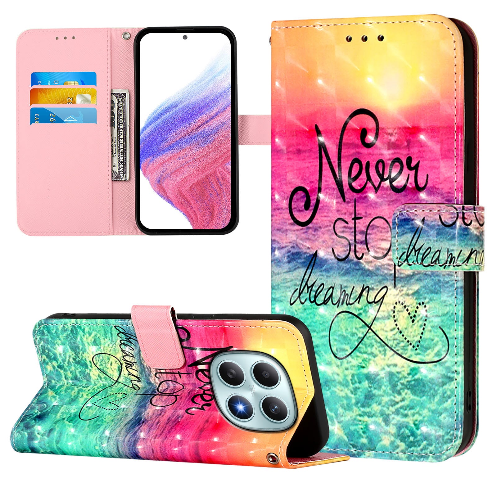 For Xiaomi Poco M8 5G / Redmi Note 15 5G (Global) / 15 4G (Global) Leather Case Pattern Printing Wallet Stand Mobile Cover with Strap - Never Stop Dreaming