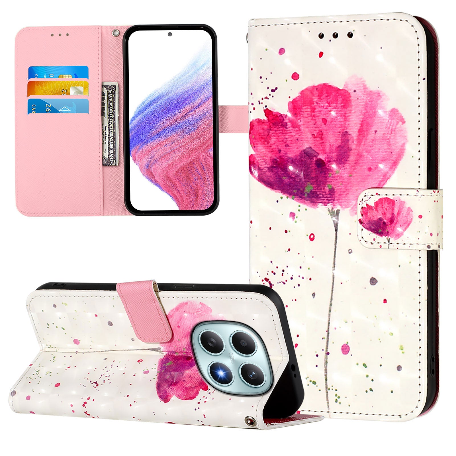 For Xiaomi Poco M8 5G / Redmi Note 15 5G (Global) / 15 4G (Global) Leather Case Pattern Printing Wallet Stand Mobile Cover with Strap - Flower