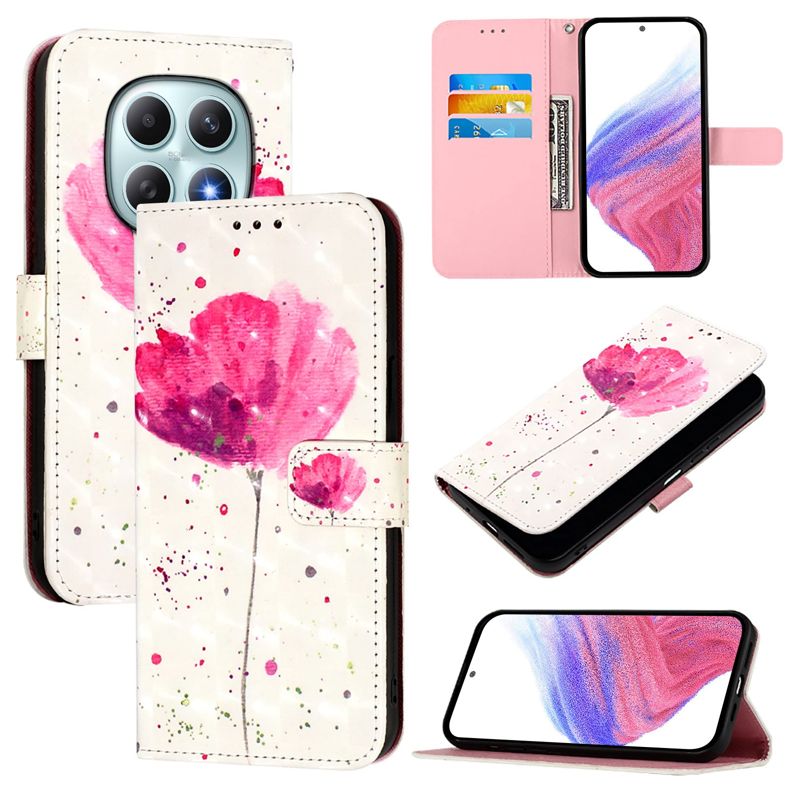 For Xiaomi Poco M8 5G / Redmi Note 15 5G (Global) / 15 4G (Global) Leather Case Pattern Printing Wallet Stand Mobile Cover with Strap - Flower
