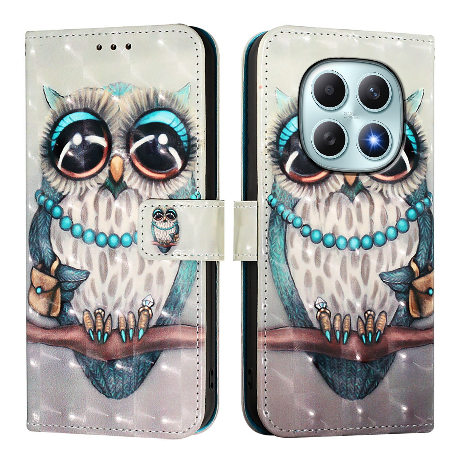 For Xiaomi Poco M8 5G / Redmi Note 15 5G (Global) / 15 4G (Global) Leather Case Pattern Printing Wallet Stand Mobile Cover with Strap - Grey Owl