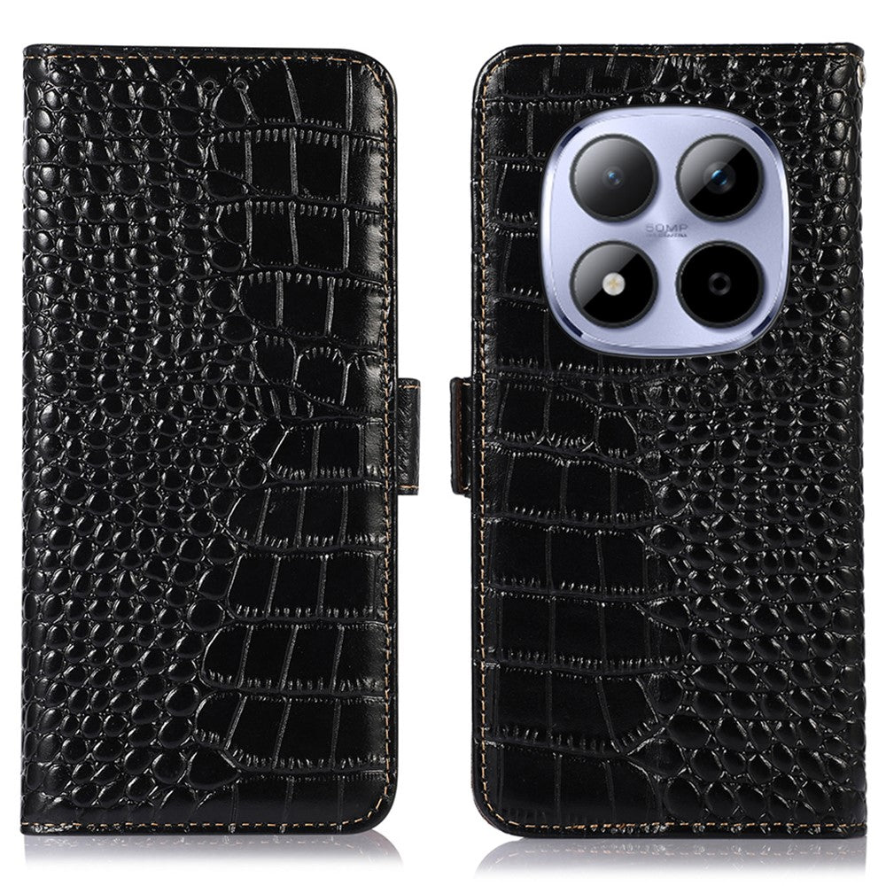 For Xiaomi Redmi Note 15 Pro 4G (Global) Case RFID Blocking Wallet Crocodile Texture Genuine Cow Leather Phone Cover - Black