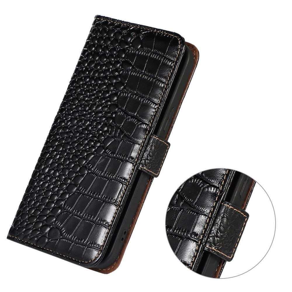 For Xiaomi Redmi Note 15 Pro 4G (Global) Case RFID Blocking Wallet Crocodile Texture Genuine Cow Leather Phone Cover - Black