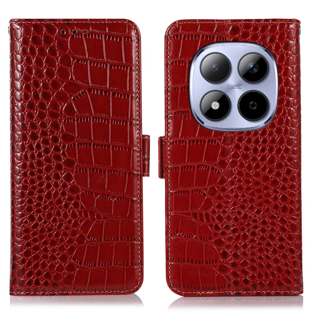 For Xiaomi Redmi Note 15 Pro 4G (Global) Case RFID Blocking Wallet Crocodile Texture Genuine Cow Leather Phone Cover - Red