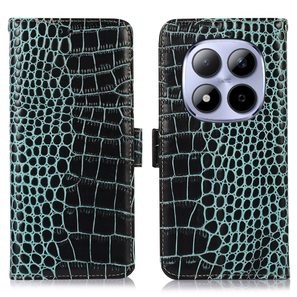 For Xiaomi Redmi Note 15 Pro 4G (Global) Case RFID Blocking Wallet Crocodile Texture Genuine Cow Leather Phone Cover - Green