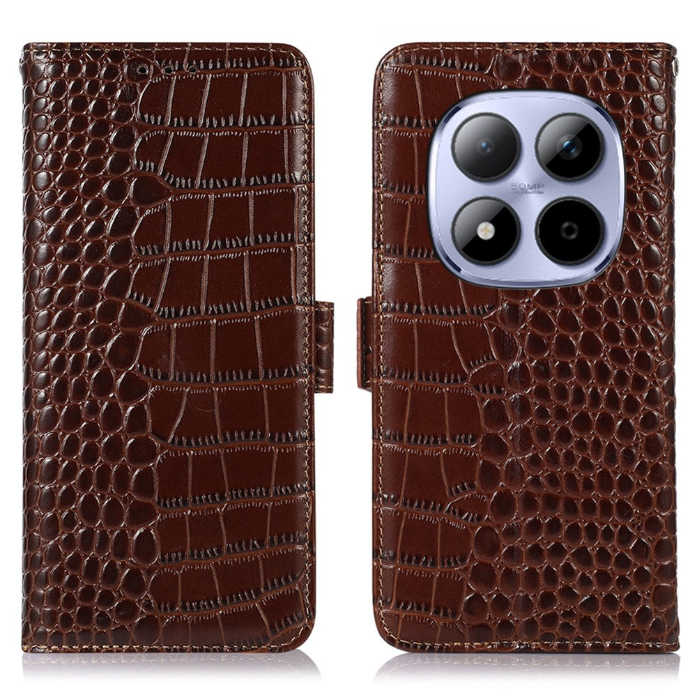 For Xiaomi Redmi Note 15 Pro 4G (Global) Case RFID Blocking Wallet Crocodile Texture Genuine Cow Leather Phone Cover - Brown