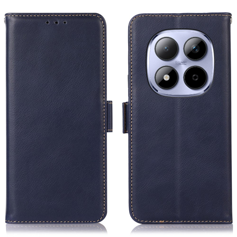 For Xiaomi Redmi Note 15 Pro 4G (Global) Case RFID Blocking Genuine Cow Leather Wallet Phone Cover - Blue