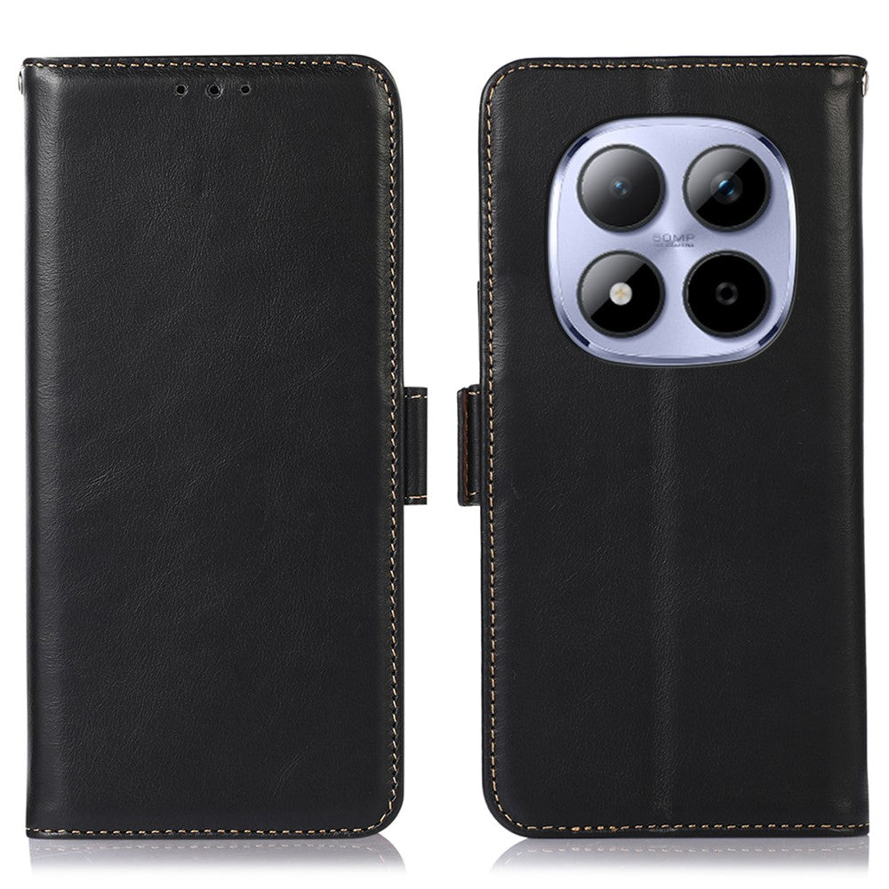 For Xiaomi Redmi Note 15 Pro 4G (Global) Case RFID Blocking Genuine Cow Leather Wallet Phone Cover - Black