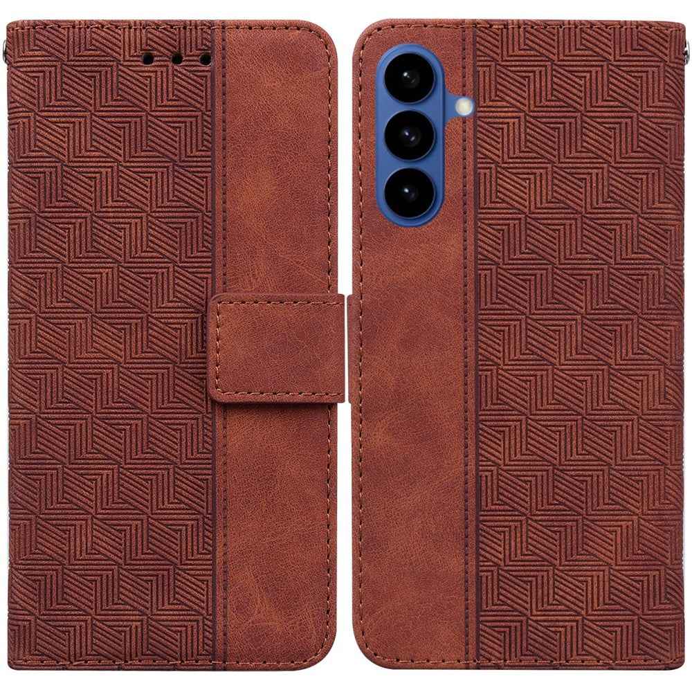 For Samsung Galaxy A57 5G Case Geometry Pattern Leather Wallet Phone Cover with Wrist Strap - Brown