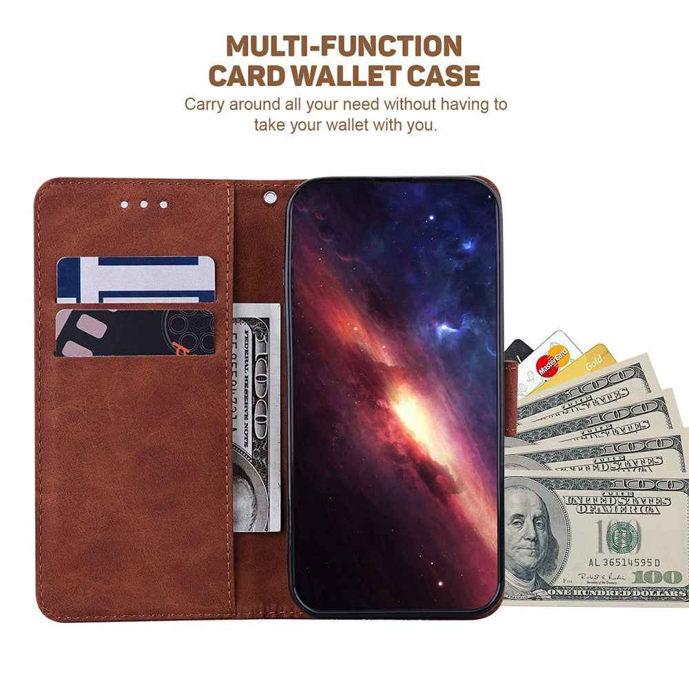 For Samsung Galaxy A57 5G Case Geometry Pattern Leather Wallet Phone Cover with Wrist Strap - Brown
