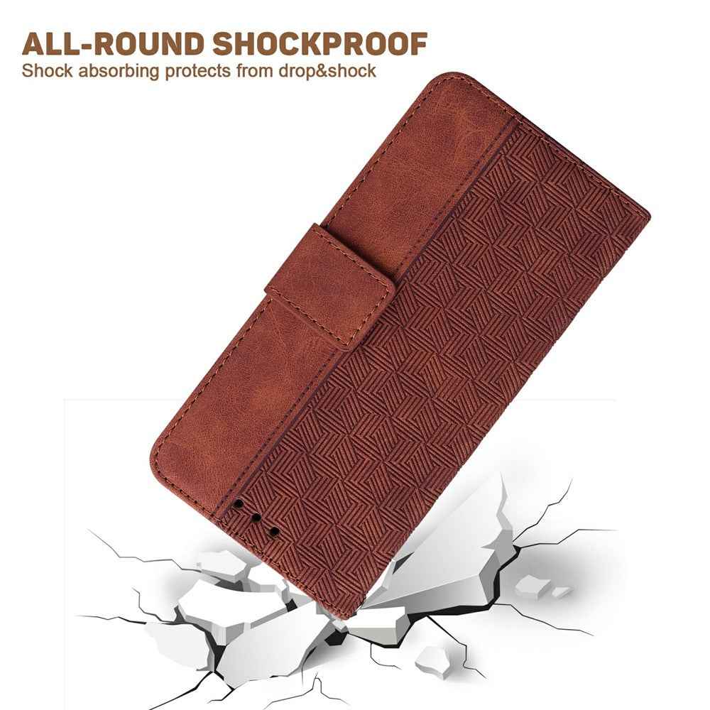 For Samsung Galaxy A57 5G Case Geometry Pattern Leather Wallet Phone Cover with Wrist Strap - Brown