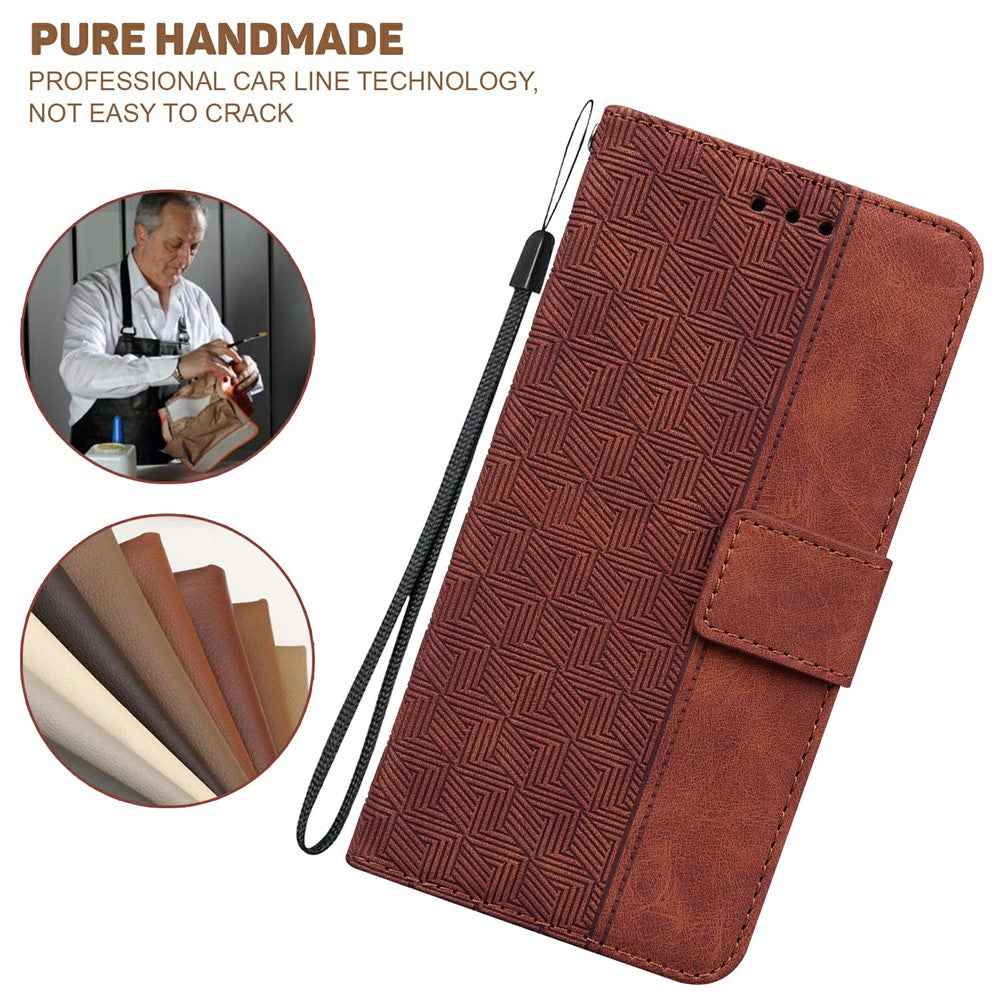 For Samsung Galaxy A57 5G Case Geometry Pattern Leather Wallet Phone Cover with Wrist Strap - Brown