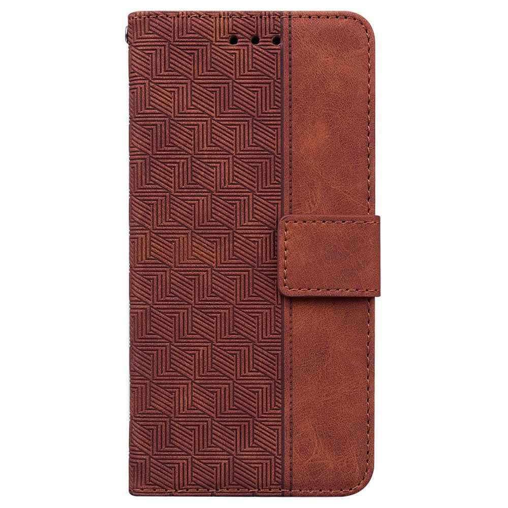 For Samsung Galaxy A57 5G Case Geometry Pattern Leather Wallet Phone Cover with Wrist Strap - Brown