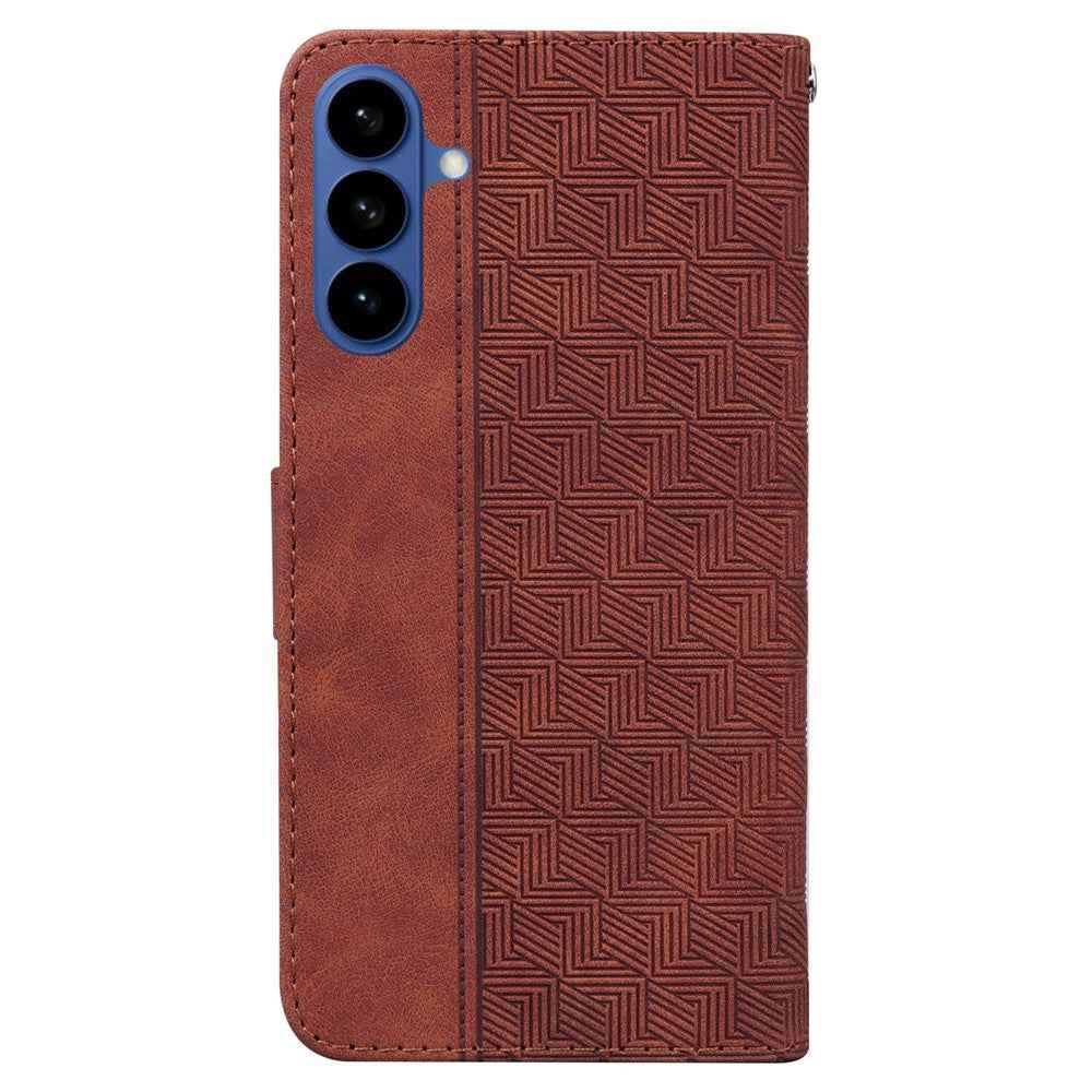 For Samsung Galaxy A57 5G Case Geometry Pattern Leather Wallet Phone Cover with Wrist Strap - Brown