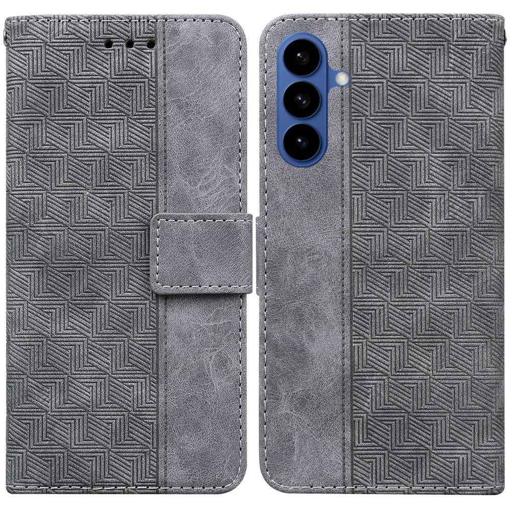 For Samsung Galaxy A57 5G Case Geometry Pattern Leather Wallet Phone Cover with Wrist Strap - Grey