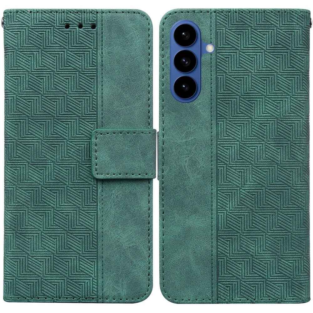For Samsung Galaxy A57 5G Case Geometry Pattern Leather Wallet Phone Cover with Wrist Strap - Green