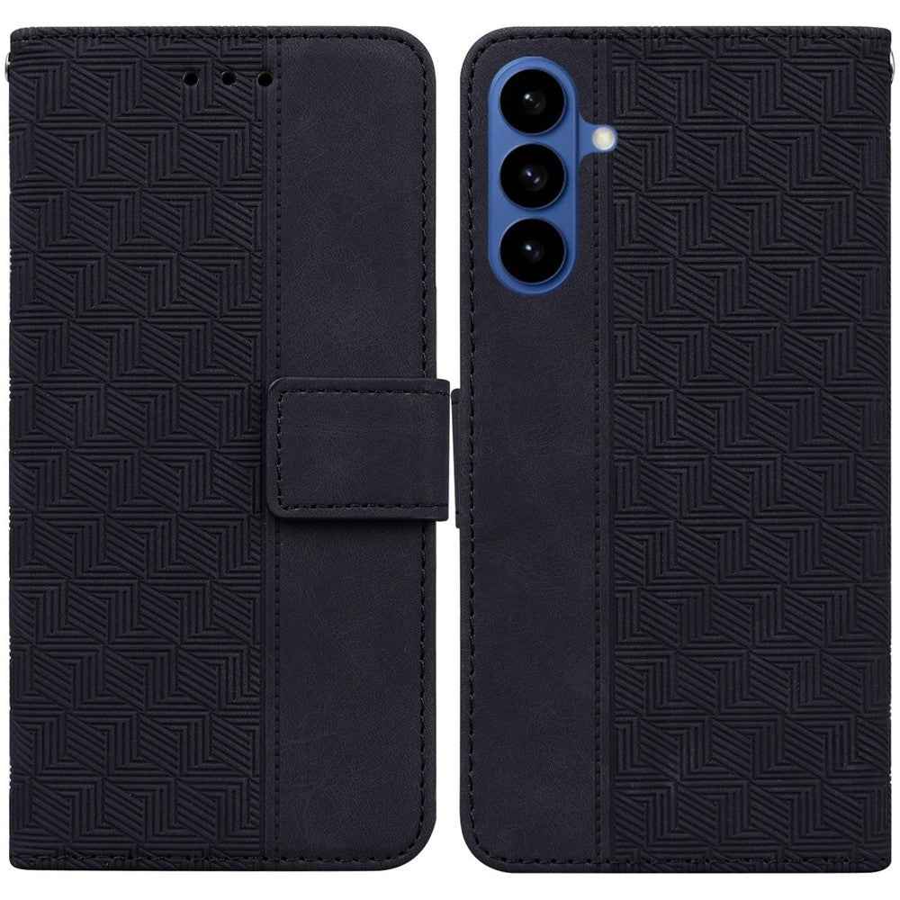 For Samsung Galaxy A57 5G Case Geometry Pattern Leather Wallet Phone Cover with Wrist Strap - Black