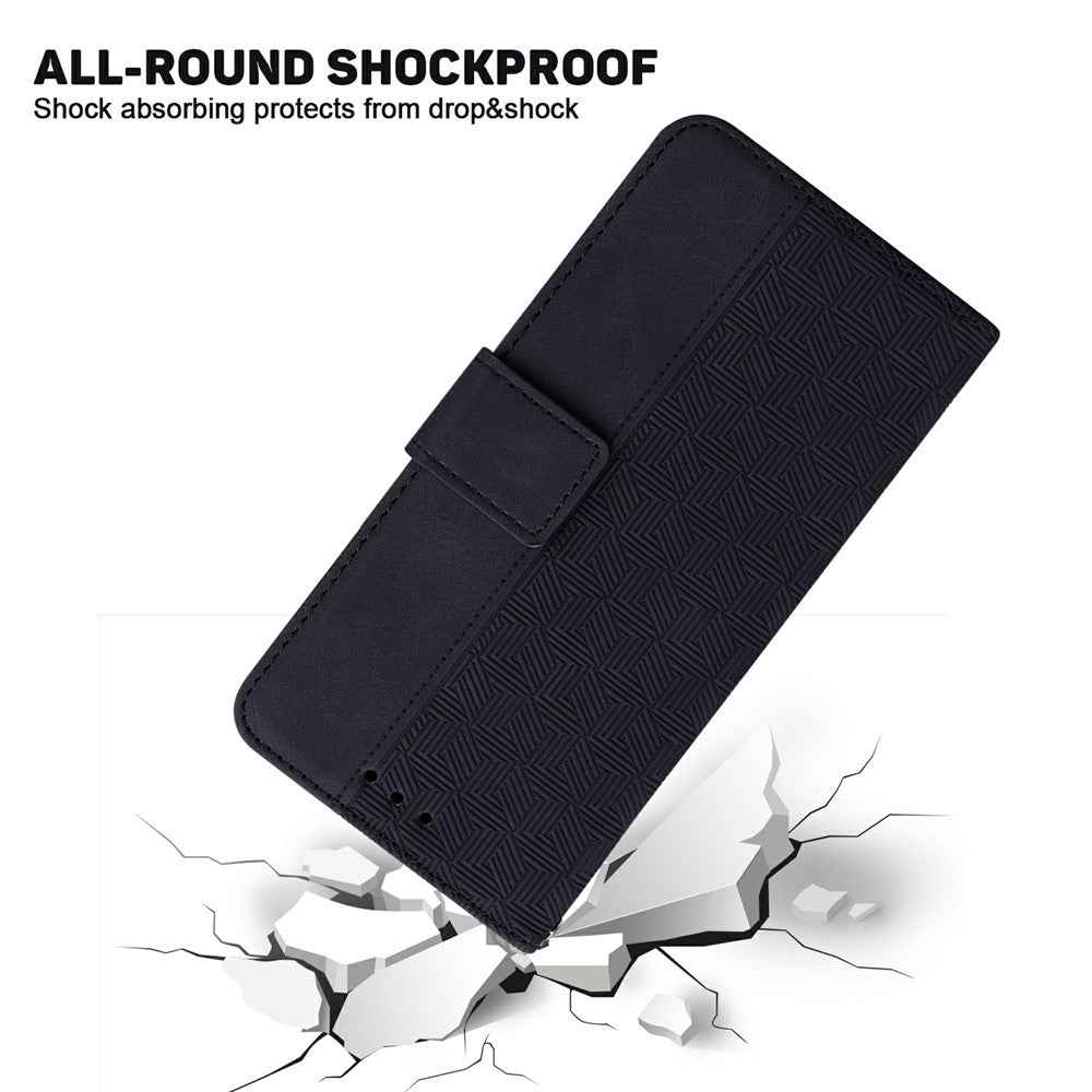 For Samsung Galaxy A57 5G Case Geometry Pattern Leather Wallet Phone Cover with Wrist Strap - Black
