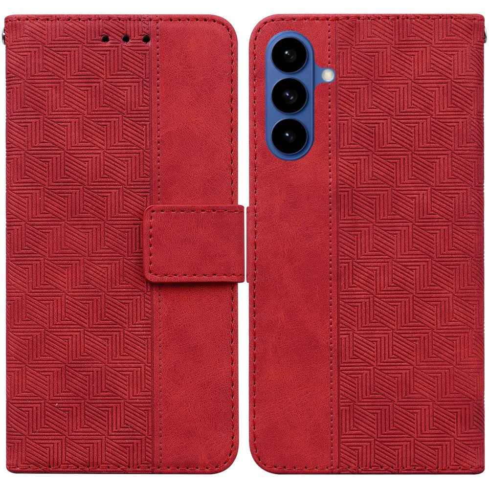 For Samsung Galaxy A57 5G Case Geometry Pattern Leather Wallet Phone Cover with Wrist Strap - Red
