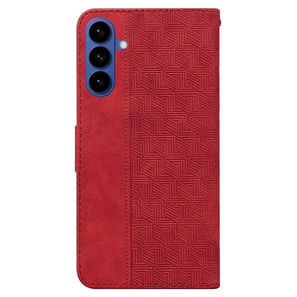 For Samsung Galaxy A57 5G Case Geometry Pattern Leather Wallet Phone Cover with Wrist Strap - Red