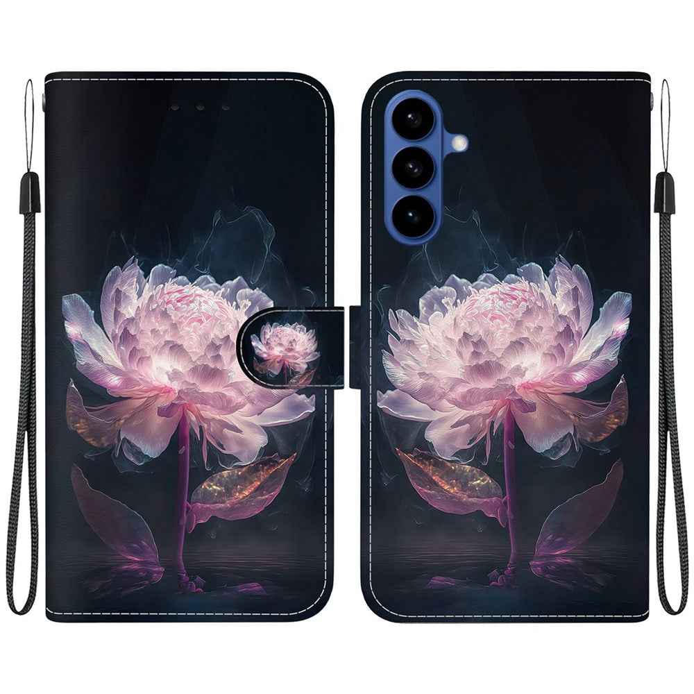 For Samsung Galaxy A57 5G Wallet Phone Case Anti-Drop Pattern Printing Leather Flip Cover with Strap - Purple Peony