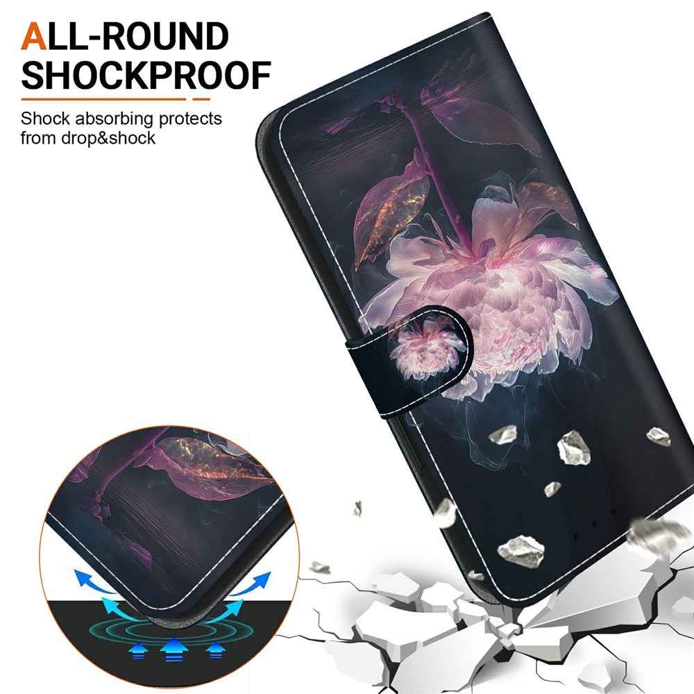 For Samsung Galaxy A57 5G Wallet Phone Case Anti-Drop Pattern Printing Leather Flip Cover with Strap - Purple Peony
