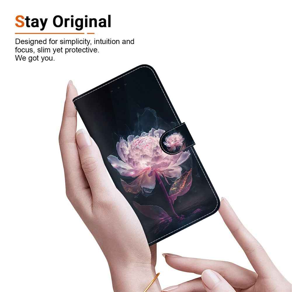 For Samsung Galaxy A57 5G Wallet Phone Case Anti-Drop Pattern Printing Leather Flip Cover with Strap - Purple Peony