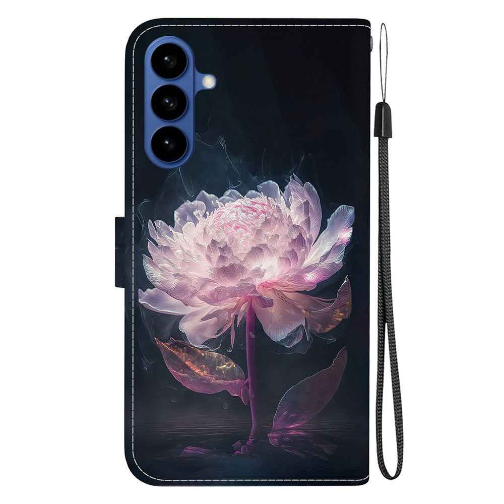 For Samsung Galaxy A57 5G Wallet Phone Case Anti-Drop Pattern Printing Leather Flip Cover with Strap - Purple Peony