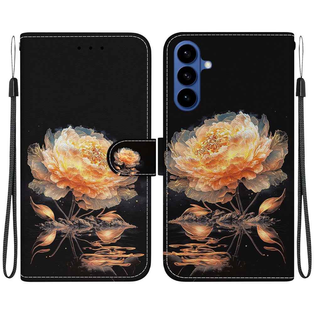 For Samsung Galaxy A57 5G Wallet Phone Case Anti-Drop Pattern Printing Leather Flip Cover with Strap - Gold Peony