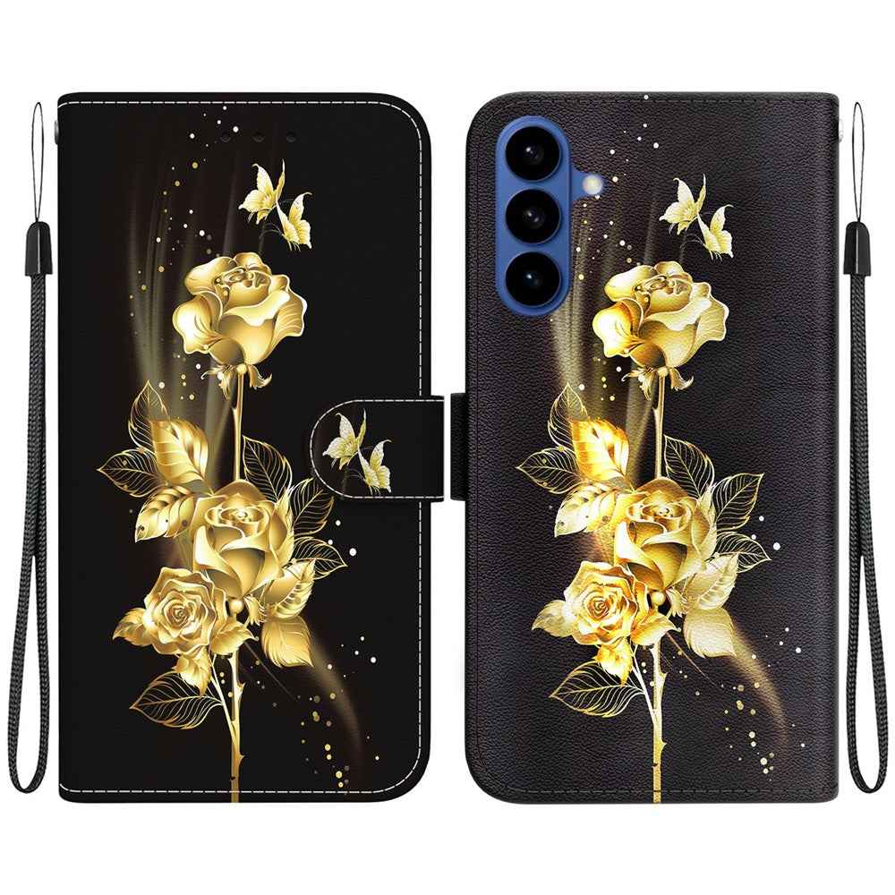 For Samsung Galaxy A57 5G Wallet Phone Case Anti-Drop Pattern Printing Leather Flip Cover with Strap - Gold Butterfly Rose